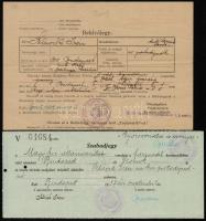 1937-1947 Postai alkalmazott távbeszélőkezelőként hadgyakorlatra történő behívójegye, szabadjegye, értesítési papírja, majd későbbi származási igazolása (1944), és a magyar népügyészség igazoló papírja