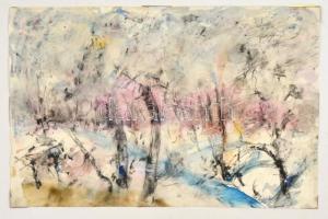 Antal Irén (1903-1999): Téli erdő, akvarell, papír, jelzett, 32×51 cm