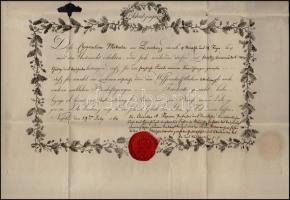 1860 Besztercebánya (Neusohl/Banská Bystrica), díszes német nyelvű leányiskolai bizonyítvány, losonci születésű személy részére, Zipser Keresztély András (1783-1864) saját kezű aláírásával, viaszpecséttel, kis hiánnyal