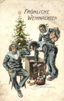 Fröhliche Weihnachten! / K.u.K. Kriegsmarine, mariners humorous Christmas art postcard. G.C. Pola 1913. s: Ed. Dworak (fa)