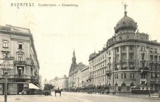 1907 Budapest VIII. Erzsébet körút (Blaha Lujza tér), Takarékpénztár, Budapesti városi vasút megállóhely (földalatti), villamos, Krayer E. üzlete (EK)