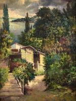 Tihanyi János Lajos (1892-1957): Kilátás a tengerre. Olaj, vászon, jelzett, fa keretben, 80×60 cm