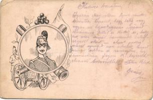 1904 Osztrák-magyar tüzértisztet ábrázoló művészlap / Austor-Hungarian gunner, art postcards (kis szakadás / small tear)