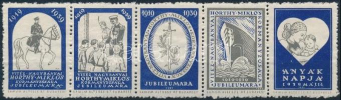 1939 Vitéz Nagybányai Horthy Miklós jubileumi levélzáró 5-ös csík / label stripe of 5