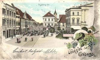 1900 Győr, Széchenyi tér, üzletek, ünnepség, tömeg. Kiadja Berecz Viktor 3588. Art Nouveau, floral, litho (vágott / cut)