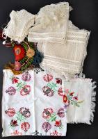 21 db horgolt kézimunka, d: 20-91 cm, 6 db hímzett kézimunka, d: 25 és 50×75 cm