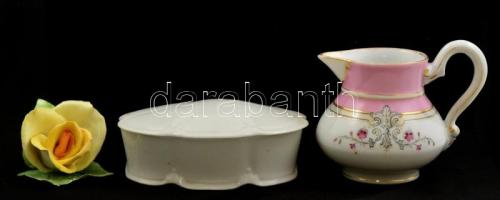 Aquincumi porcelán rózsa + Drasche bögre, szelence, kis kancsó, jelzettek, kopásnyomokkal