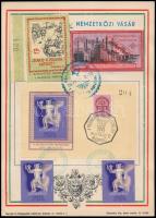 1941 Budapest, Nemzetközi Vásár emléklapon, 3 klf bélyeggyűjtési propaganda bélyeg és blokk