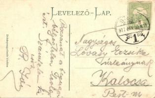 1917 Békéscsaba, vasútállomás. Gőzmozdonyos üdvözlő montázslap / Bahnhof / railway station. Greeting...