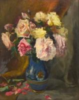 Edvi Illés Aladárné, Karády Etel (1877-1963): Virágcsendélet 1936. Olaj, karton, jelzett, sérült keretben, 54×43 cm