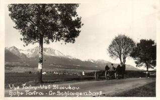 1937 Nagyszalók, Grossschlagendorf, Velky Slavkov (Magas Tátra, Vysoké Tatry);  látkép, út, szekér / general view, road, horse cart. photo (EK)