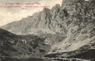 Tátra, Magas Tátra, Vysoké Tatry; Felkai-tó a gránát sziklákkal. Divald Károly kiadása / Velické pleso, Velické granáty / Felkaersee mit d. Granatfelsen / lake, garnet rocks