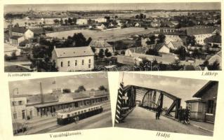 Komárom, Komárno; látkép, izraelita templom, zsinagóga, Vasútállomás, vonat, hídfő, sorompó, vám. Kiadja Hacker Dezső / general view, synagogue, railway station, train, bridge, turnpike, customs office (EK)