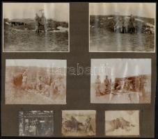 cca 1914-1918 I. világháborús életképek, albumlapra ragasztott 7 db fotó, 4×6 és 8×11 cm