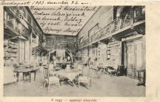 1905 Nagyappony, Appony, Oponice; könyvtár belső a kastélyban. Seefehlner J. L. kiadása / library interior in the castle