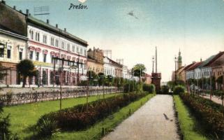 Eperjes, Presov; Sad a Masarykova ulica / Park und Masaryk-Gasse / Masaryk utca és a park, üzletek / park, street view, shops