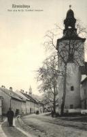 Körmöcbánya, Kremnitz, Kremnica; Alsó utca és Szent Erzsébet templom. Kiadja Ritter Lipót J. / street view, church