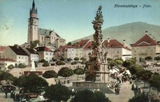 Körmöcbánya, Kremnitz, Kremnica; Fő tér, Szentháromság szobor, piaci árusok, üzletek, vártemplom. Kiadja Kneip Róbert / main square, Trinity statue, market vendors, shops, castle church (EK)