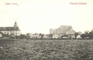 1909 Fülek, Filakovo; látkép a várral és templommal. Kiadja Krämer Jeremiás / Filakovsky hrad / general view with castle ruins, church