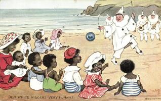 1921 Dem white niggers very funny! / Black children with clowns. Raphael Tuck & Sons Oilette Seaside Coons Postcard 9318. s: Hilda Dix Sandford (EK)