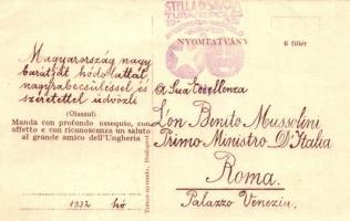 Mussolini ajándéka Magyarországnak. Tolnai Világlapja rézkarc kivitelű levelezőlapja / Mussolini...