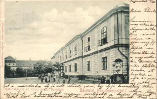 1903 Nagyszombat, Tyrnau, Trnava; Katonakórház és városi polgári fiú iskola. Kiadja Horovitz Adolf / K.u.K. military hospital, boys school (EK)