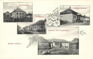 Nagyócsa, Ocsova, Ocová; Tejszövetkezet üzlete, Községháza, Csendőr laktanya, Nagyócsai első hengermalom / milk cooperative shop, town hall, gendarme barracks, steam mill. Floral