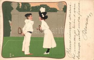 1900 Lawn-Tennis / Couples tennis match. Meissner & Buch Künstler-Postkarten Serie 1039. litho s: B. Wennerberg (EK)