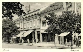 Losonc, Lucenec; Rákóczi út, Magyar Király szálloda, üzletek / street view, hotel, shops (EK)