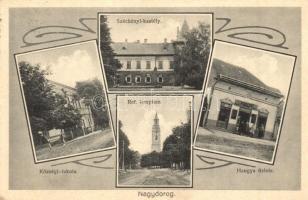 1932 Nagydorog, Községi iskola, Hangya üzlet, Református templom, Széchenyi kastély, Art Nouveau