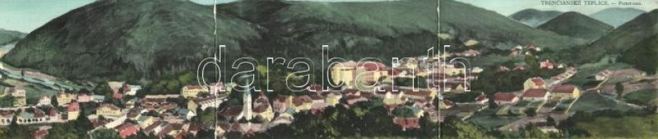 Trencsénteplic, Trencianske Teplice; Három részes panorámalap, kézzel festett / 3-tiled panoramacard, hand coloured