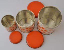 3 db különböző méretű pöttyös háztartási fém doboz, kopásnyomokkal, rozsdafoltokkal