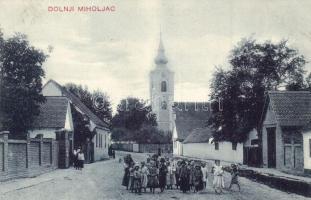Alsómiholjác, Unter-Miholtz, Donji Miholjac; utcakép, templom, gyerekek. Kiadja T. Csima / street view, church, children