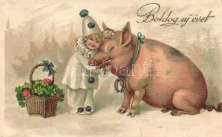 Boldog Újévet! / New Year greeting card with pig and clown. litho (EK)