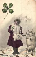 1909 Boldog Újévet! / New Year greeting card with pig and girl (EM)