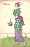 Herzliche Ostergrüße! / Easter greeting art postcard, lady with eggs in a basket. B. K. W. I. 4691-4. s: Mela Koehler