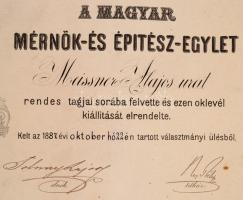 1887 Magyar Mérnök és Építészegylet díszes (Zofhal G./Doby J.) oklevele Meissner (Mészner) Alajos (1...