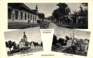 Karancskeszi, Keszi; utcakép a Hangya szövetkezet üzletével, Hősök szobra, Római katolikus templom. Kiadja a Hangya szövetkezet (gyűrődés / crease)