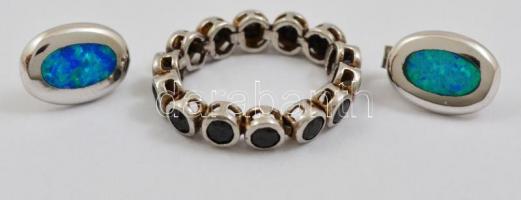 Ezüst (Ag) fülbevaló párban kék opál berakással, jelzett + ezüst(Ag) gyűrű gránát berakással, jelzet...