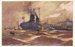 1916 Flaggengala im Hafen von Konstantinopel / WWI Ottoman Navy warships in the port of Constantinople (Istanbul). s: Harry Heusser