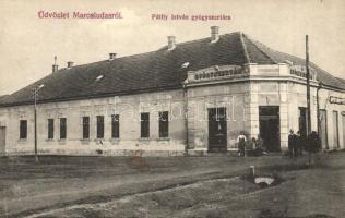 Marosludas, Ludus; utcakép, Pálffy István gyógyszertára, üzlet. Szilágyi Arthur műterméből / street view, pharmacy, shop (EK)