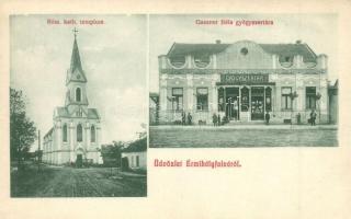 Érmihályfalva, Valea lui Mihai; Római katolikus templom, Gaszner Béla gyógyszertára. Kiadja Koch Géza 728. / Catholic church, pharmacy (EK)