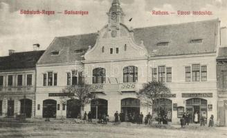Szászrégen, Reghin; Rathaus / Városi tanácsház, városháza, Bischitz, Fritsch üzlete / town hall, shops