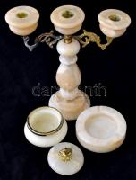 3 db alabástrom tárgy: gyertyatartó, bonbonier, hamutál, fém szerelékekkel, különböző méretben