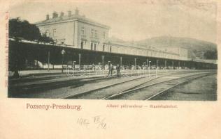 1907 Pozsony, Pressburg, Bratislava; Állami pályaudvar, Vasútállomás. Kiadja Duschinsky G. 1898. Nr. 3. / Staatsbahnhof / railway station (r)