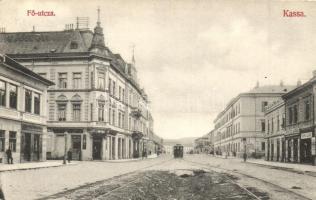 1907 Kassa, Kosice; Fő utca, Gyógyszertár, Spiegel Jakab, Csupka Lajos üzlete, villamos / main street, pharmacy, shops, tram
