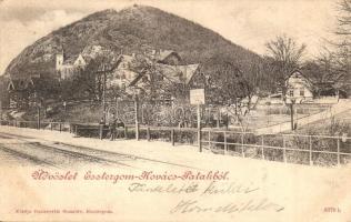 1899 Kovácspatak, Kovacov (Esztergom); vasúti gyalogátkelőhely, "Eladó villatelkek" tábla. Kiadja Buzárovits Gusztáv / pedestrian crossing at the railway station, villa site (Rb)