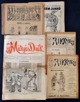 1896-1902 6 db vicc újság: Uj Budapest, 1896. február 16., Rikkancs, I. évf. 2.,3. szám, Mátyás Diák 1900. szeptember 16., Borsszem Jankó 1902. május 25., június 1., szakadozott, részben ragasztott, viseltes állapotban