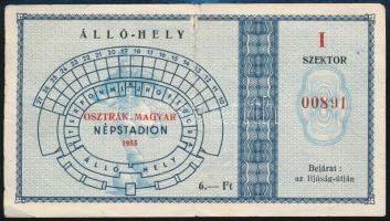 1955 Állóhely jegy a Népstadionban az osztrák-magyar meccsre, szakadással