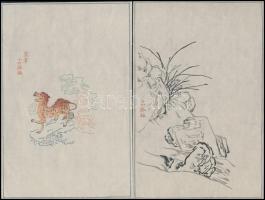 cca 1900-1950 Sárkány; Sziklák, 2 db kínai fametszet, 21×14 cm